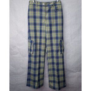 Forever 21 Kick Pants Women Medium Yellow Blue Tartan Plaid Wide-Leg Cargo Punk